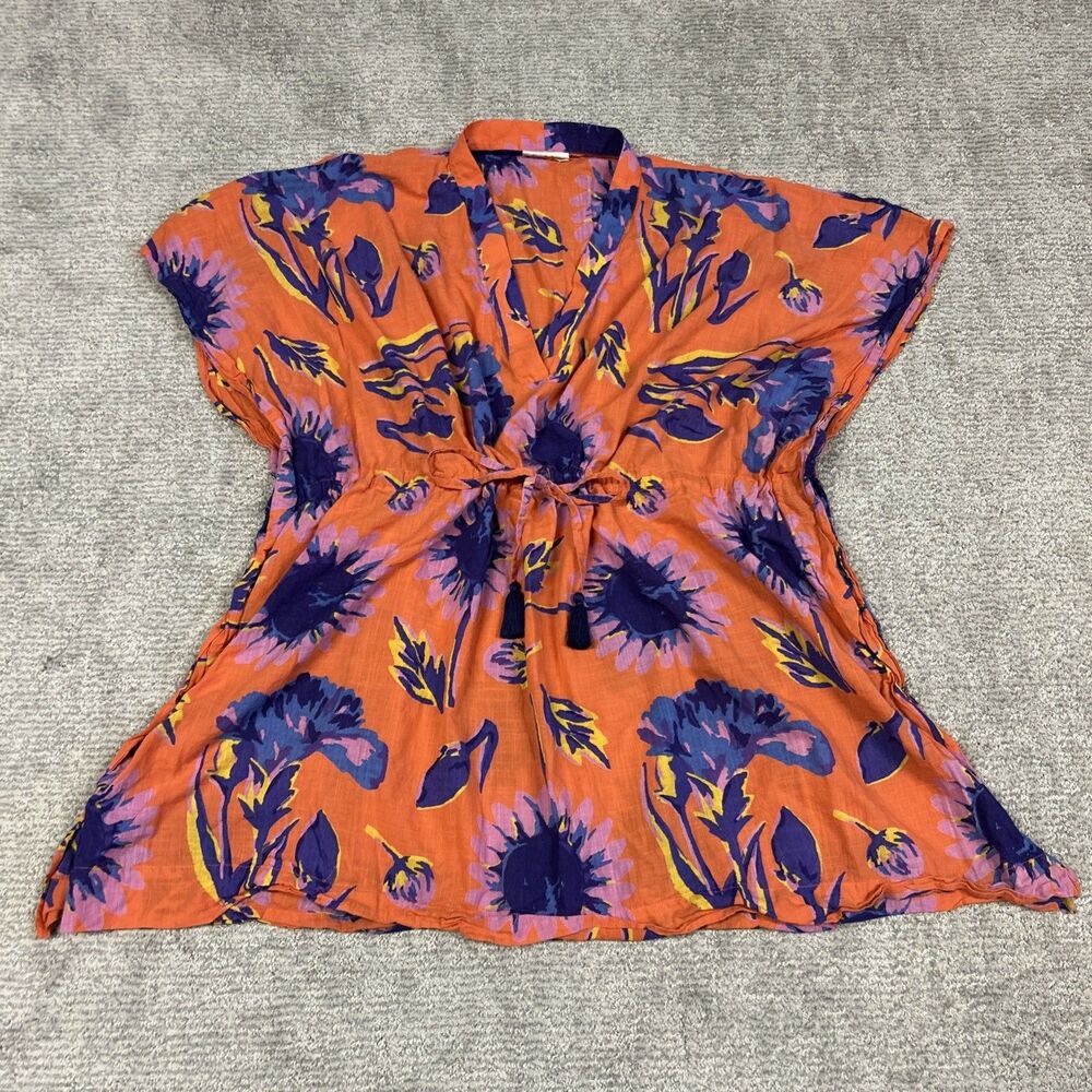 Fragonard Parfumeur Kaftan Tunic Top One Size Orange Floral Cover Up Cinch Waist